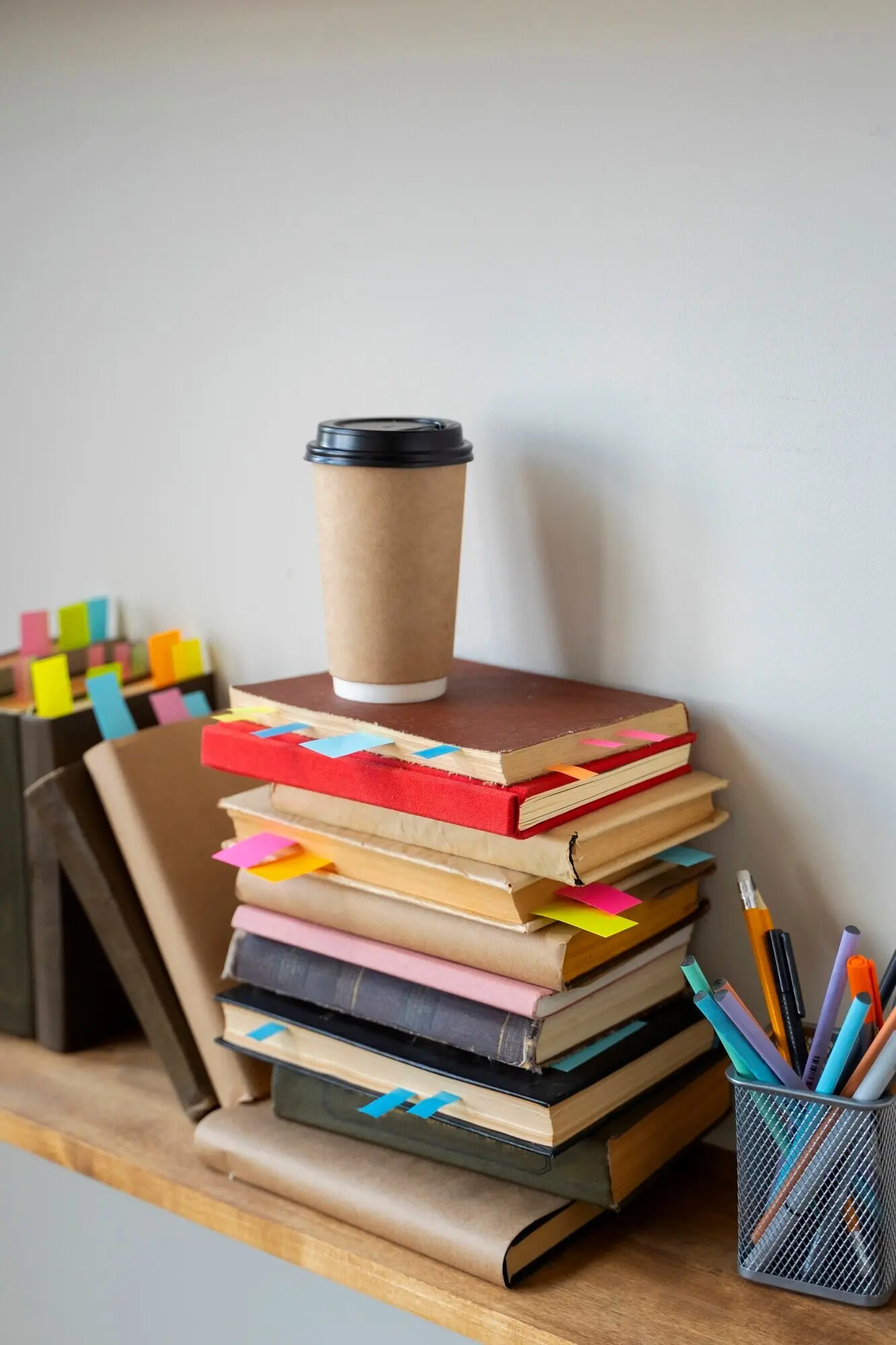 Auf einem Regal angeordnete Bücher und Wachsmalstifte